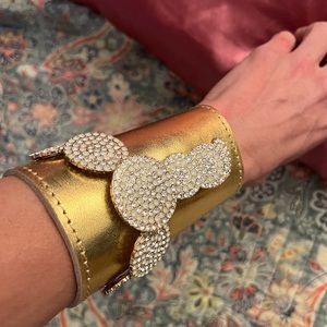 NWOT Genuine leather bracelet gold, crystal inlays, Swarovski style, handmade